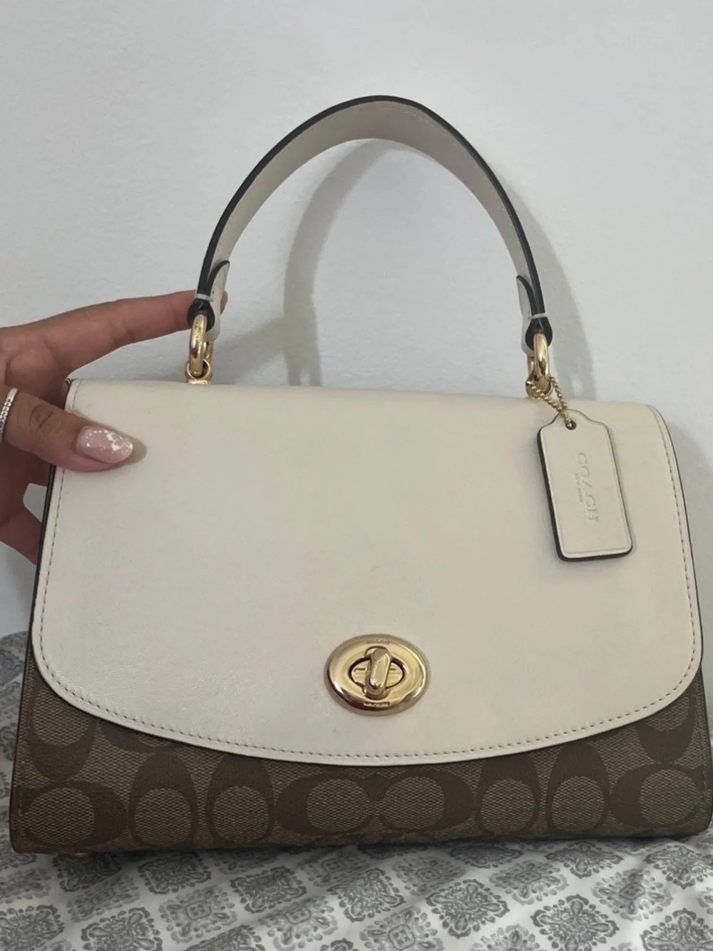 Coach Two-Tone Satchel in Chalk and Brown Signature Canvas